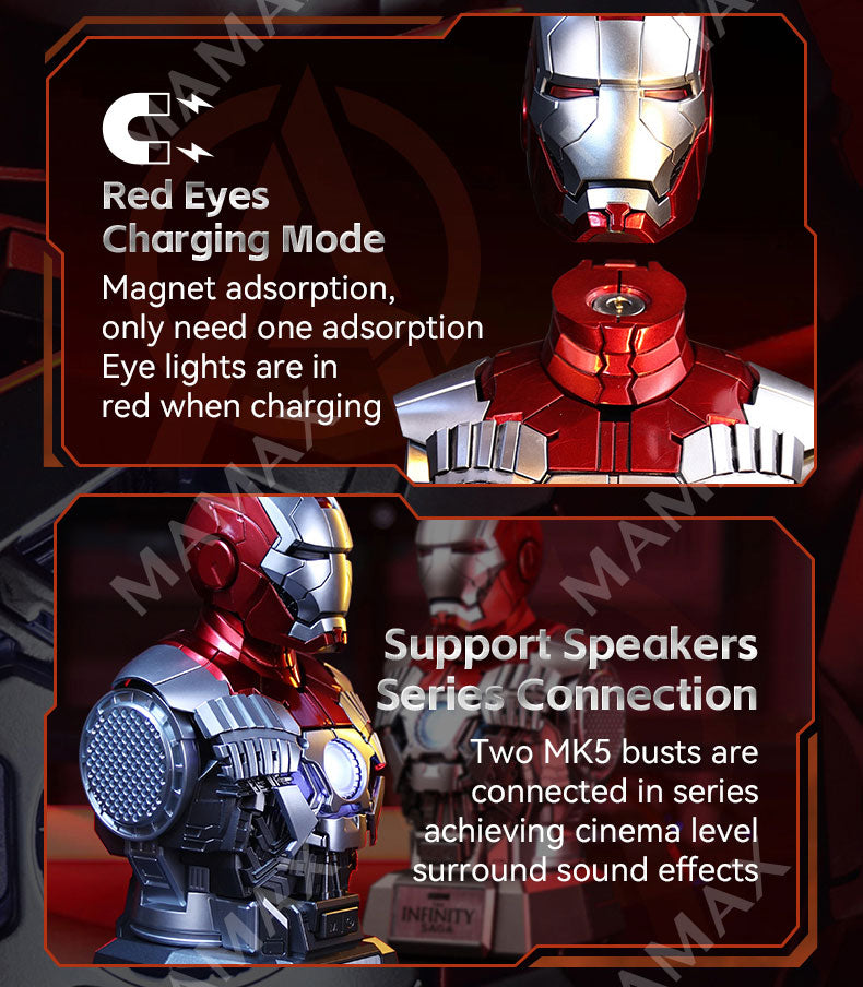 Official License Collectible Iron Man MK5 Dual 5W Bluetooth Speaker With Openable Magnetic Head Sculpt
