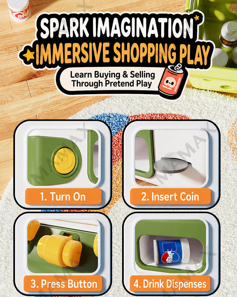 Large Size Kids Drink Vending Machine Toy★Coin Insert Pretend Play Set✅With Light & Sound✅