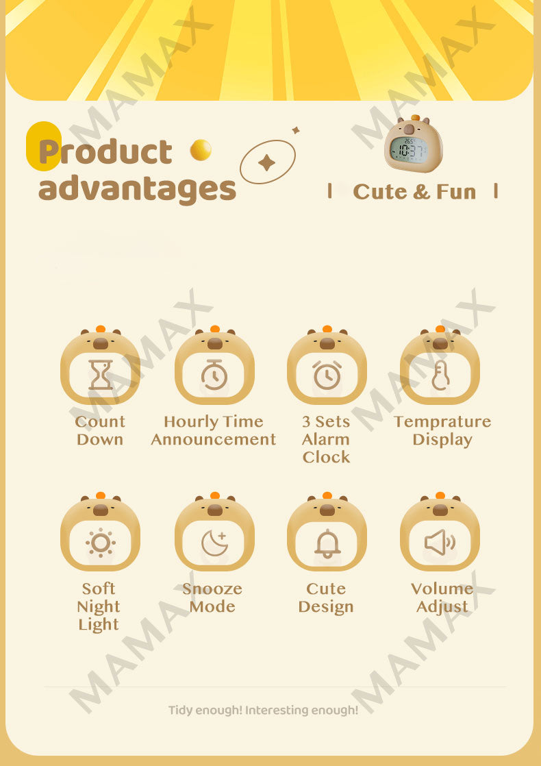 Cute Capybara Smart Clock With Night Light➕Preset 3 Sets Alarm★Snooze Mode