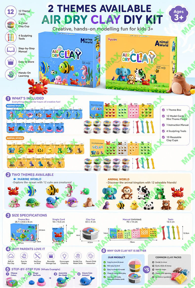 Themed Air Dry Clay DIY Combo Kit for Kids 3+★Marine&Animal World 12 Themes✅