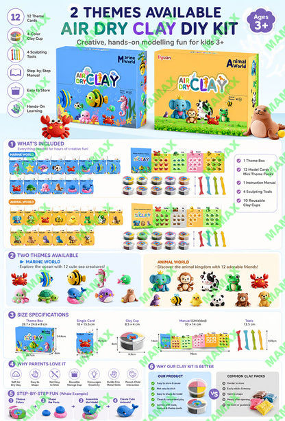Themed Air Dry Clay DIY Combo Kit for Kids 3+★Marine&Animal World 12 Themes✅