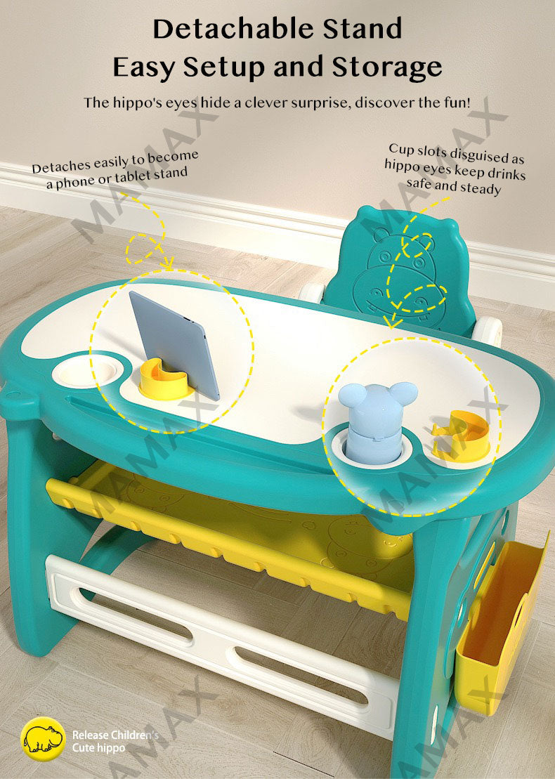 Kids Cute Hippo Multifunctional Adjustable Study Table + Chair Set With FREE Marker& Eraser