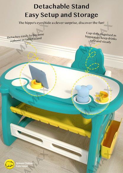 Kids Cute Hippo Multifunctional Adjustable Study Table + Chair Set With FREE Marker& Eraser