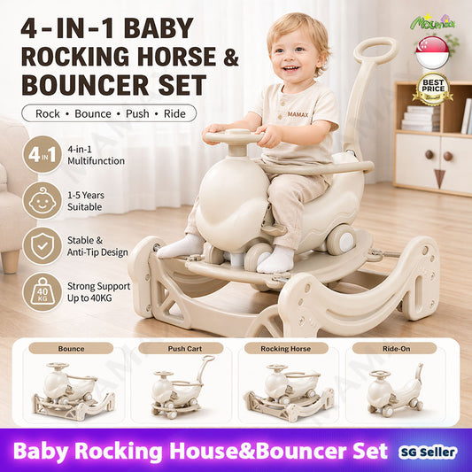 4-in-1 Baby Rocking Horse&Bouncer Combo Set★Rock➕Bounce➕Push➕Ride✅