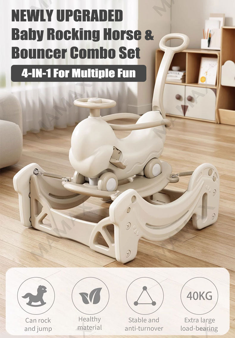 4-in-1 Baby Rocking Horse&Bouncer Combo Set★Rock➕Bounce➕Push➕Ride✅