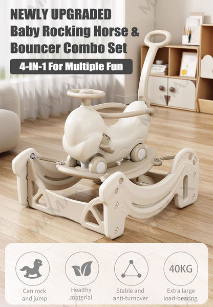 4-in-1 Baby Rocking Horse&Bouncer Combo Set★Rock➕Bounce➕Push➕Ride✅