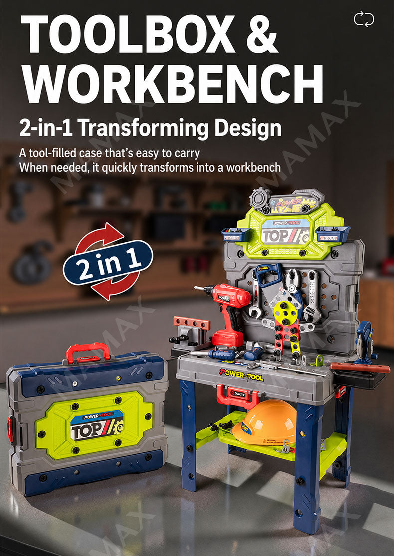 2-in-1 Power-Tool Toolbox & Workbench for Kids Ages 3+ With Electric Screwdriver