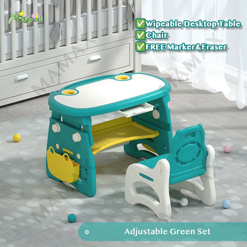 Kids Cute Hippo Multifunctional Adjustable Study Table + Chair Set With FREE Marker& Eraser