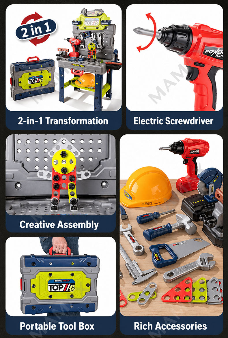 2-in-1 Power-Tool Toolbox & Workbench for Kids Ages 3+ With Electric Screwdriver