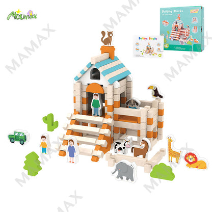 120Pcs Wooden Building Blocks Mortise Tenon Cottage Montessori Stacking Toy Set