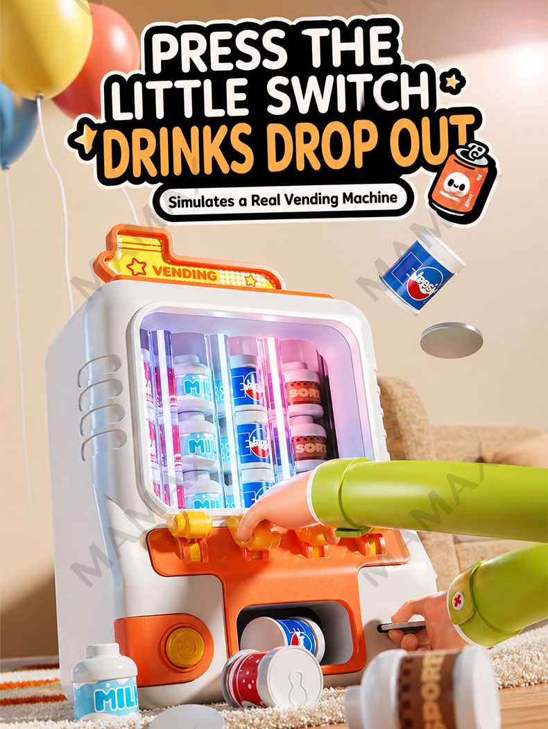 Large Size Kids Drink Vending Machine Toy★Coin Insert Pretend Play Set✅With Light & Sound✅