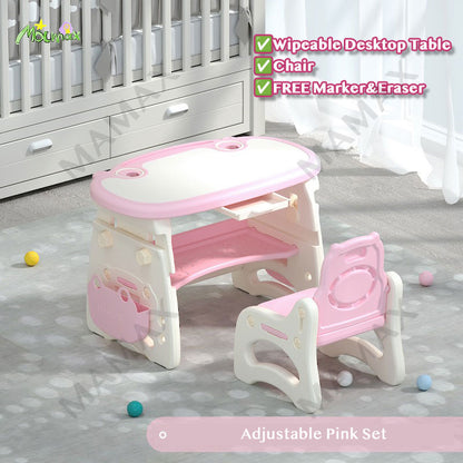 Kids Cute Hippo Multifunctional Adjustable Study Table + Chair Set With FREE Marker& Eraser