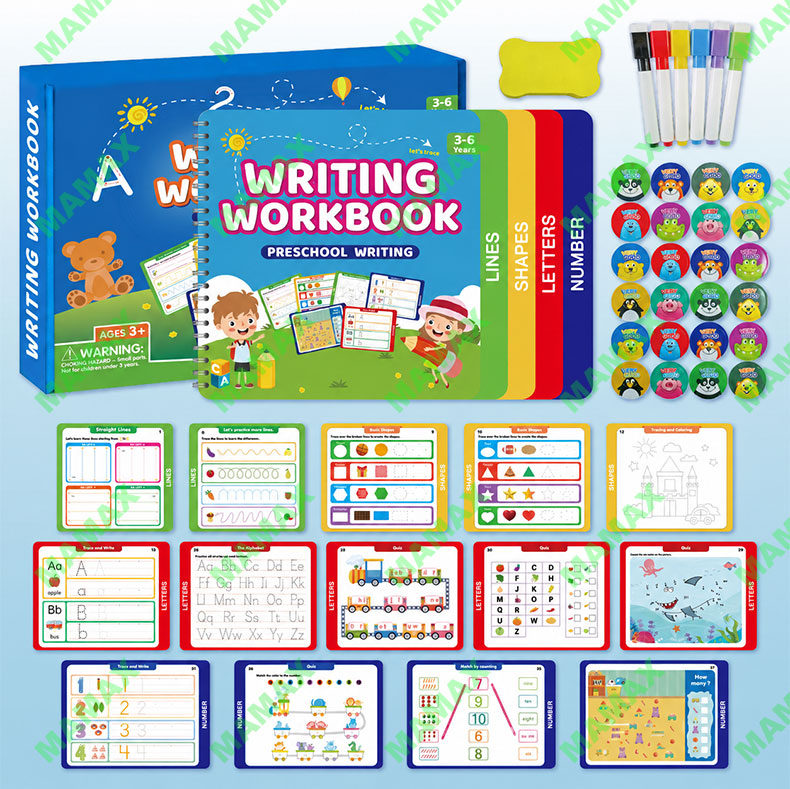 MAMAX【SG Ready Stock】Preschool Writing Workbook Combo Set for Kids 3-6★Reusable Dry Erase Tracing Book✅Lines Shapes Letters Numbers✅6 Color Pens Educational Learning Set✅