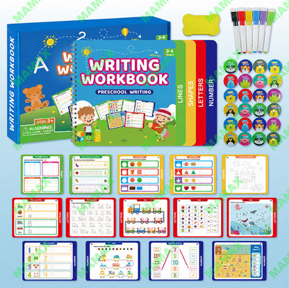 MAMAX【SG Ready Stock】Preschool Writing Workbook Combo Set for Kids 3-6★Reusable Dry Erase Tracing Book✅Lines Shapes Letters Numbers✅6 Color Pens Educational Learning Set✅