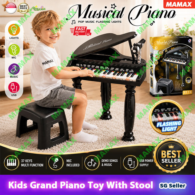 Kids 37-Key Musical Grand Piano Keyboard Set with Mic/Flashing Lights&Stool
