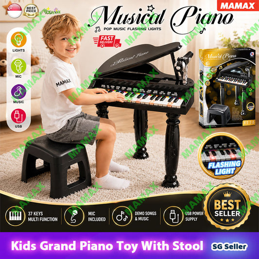 Kids 37-Key Musical Grand Piano Keyboard Set with Mic/Flashing Lights&Stool
