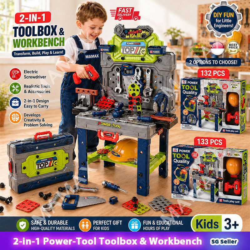 2-in-1 Power-Tool Toolbox & Workbench for Kids Ages 3+ With Electric Screwdriver