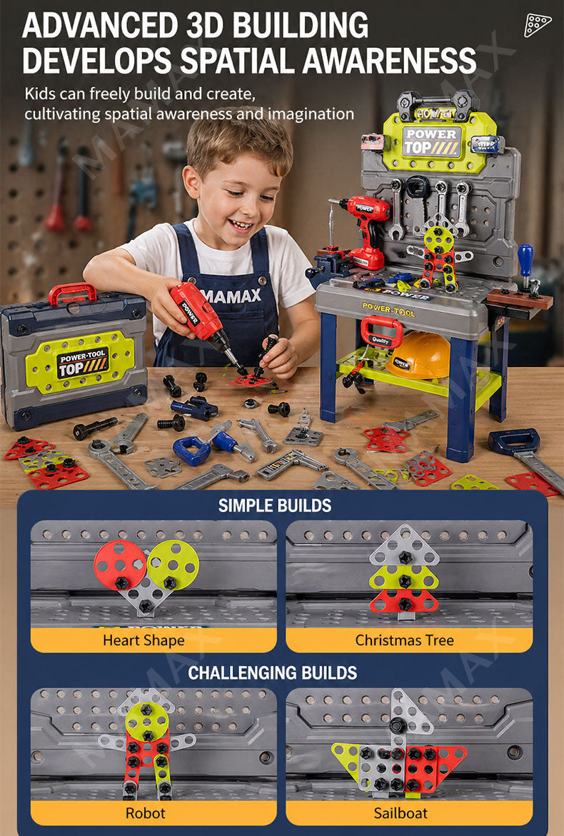 2-in-1 Power-Tool Toolbox & Workbench for Kids Ages 3+ With Electric Screwdriver