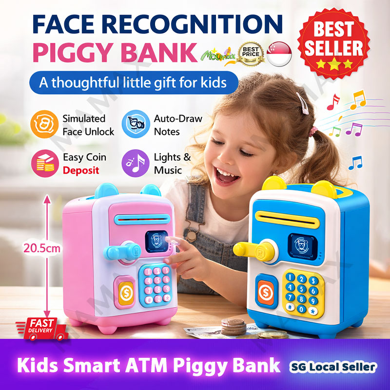 Kids Stimulated Face Recognition Smart Piggy Bank ATM With Password&Auto Cash Deposit★Lights➕Music