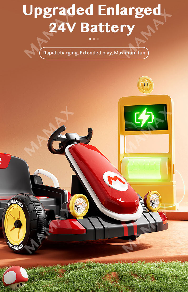 🎉NEW🎉24V Kids Electric Mario Drfiting Retractable-Length Go-Kart With Remote Control➕Music➕LED Lighting★