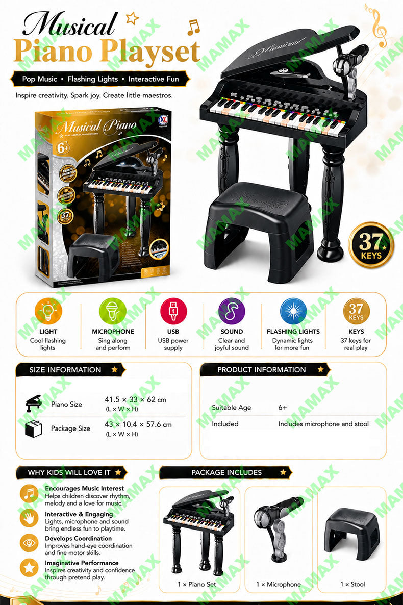 Kids 37-Key Musical Grand Piano Keyboard Set with Mic/Flashing Lights&Stool