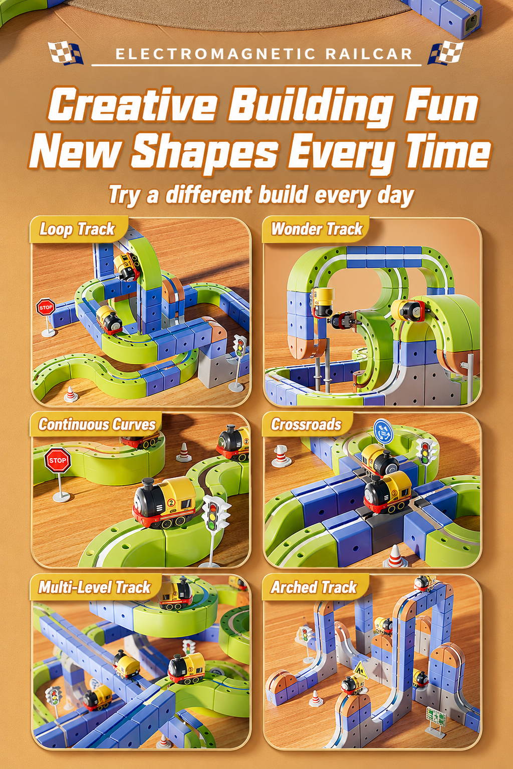 Magnetic Runway Track Rechargeable RailCar Toy Set★Electric Mini Train Building Track Set