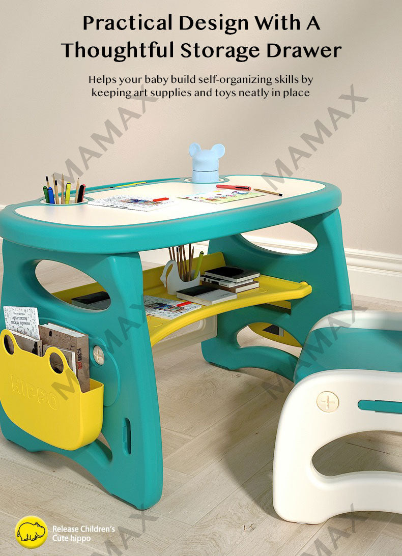 Kids Cute Hippo Multifunctional Adjustable Study Table + Chair Set With FREE Marker& Eraser
