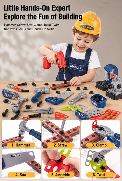 2-in-1 Power-Tool Toolbox & Workbench for Kids Ages 3+ With Electric Screwdriver