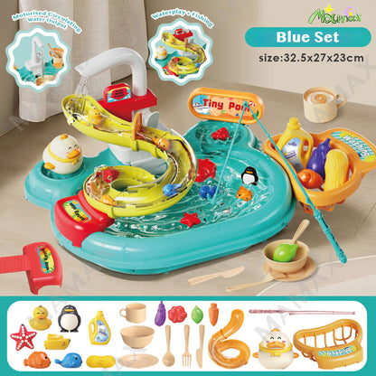 522Pcs Multi-Functional 2-in-1 Waterplay Pool+Dishwashing Sink+Fishing Toy Set with Slide★Motorised Circulating Water Flow Tap