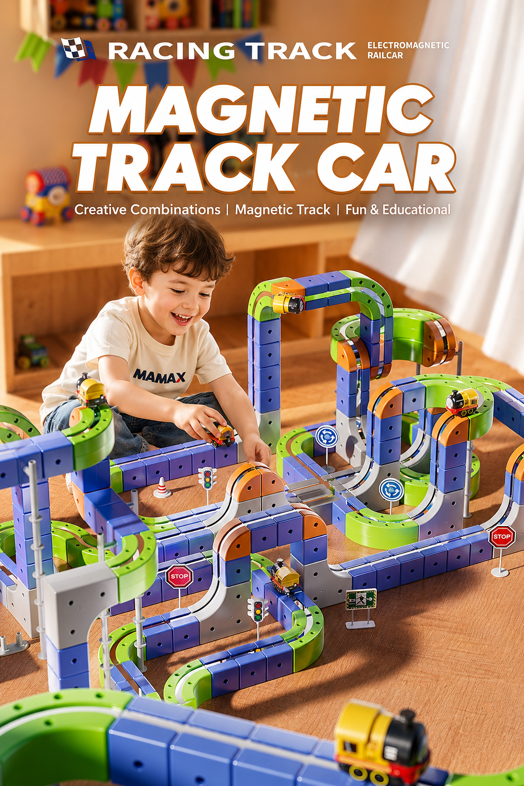 Magnetic Runway Track Rechargeable RailCar Toy Set★Electric Mini Train Building Track Set