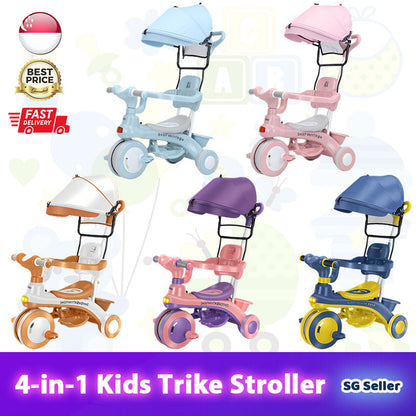 4-in-1 Kids Trike Stroller with Removable Canopy and Music&Lights