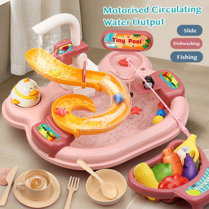 522Pcs Multi-Functional 2-in-1 Waterplay Pool+Dishwashing Sink+Fishing Toy Set with Slide★Motorised Circulating Water Flow Tap