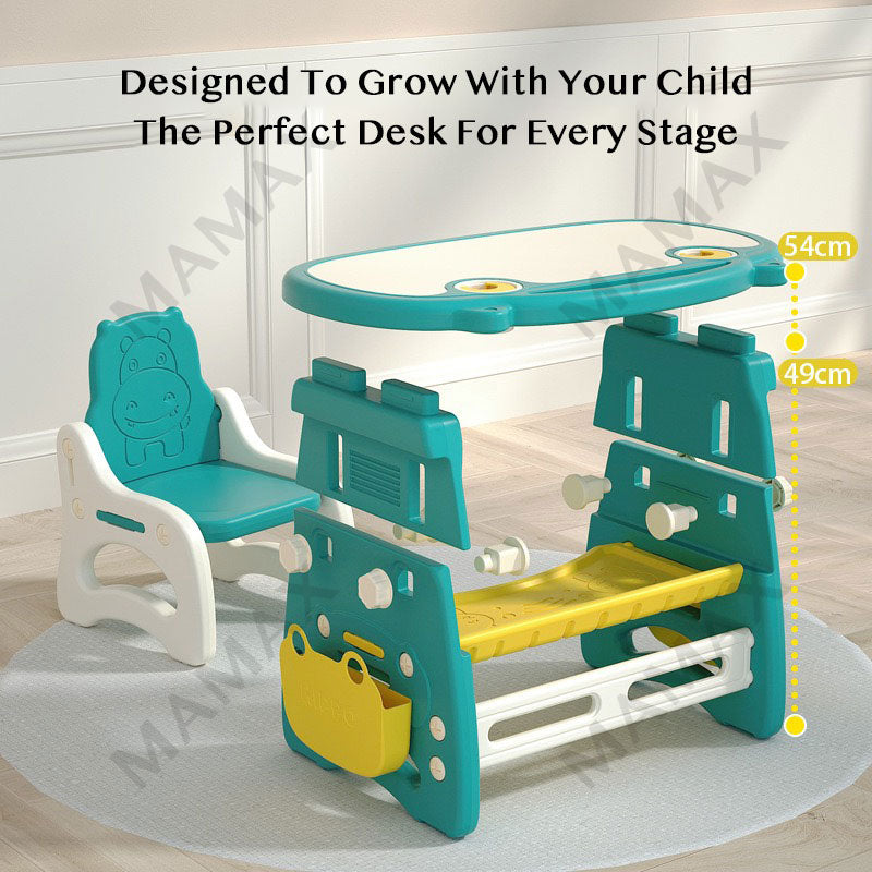 Kids Cute Hippo Multifunctional Adjustable Study Table + Chair Set With FREE Marker& Eraser