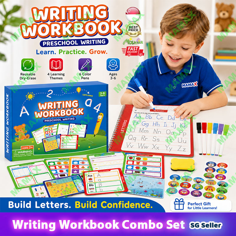 MAMAX【SG Ready Stock】Preschool Writing Workbook Combo Set for Kids 3-6★Reusable Dry Erase Tracing Book✅Lines Shapes Letters Numbers✅6 Color Pens Educational Learning Set✅