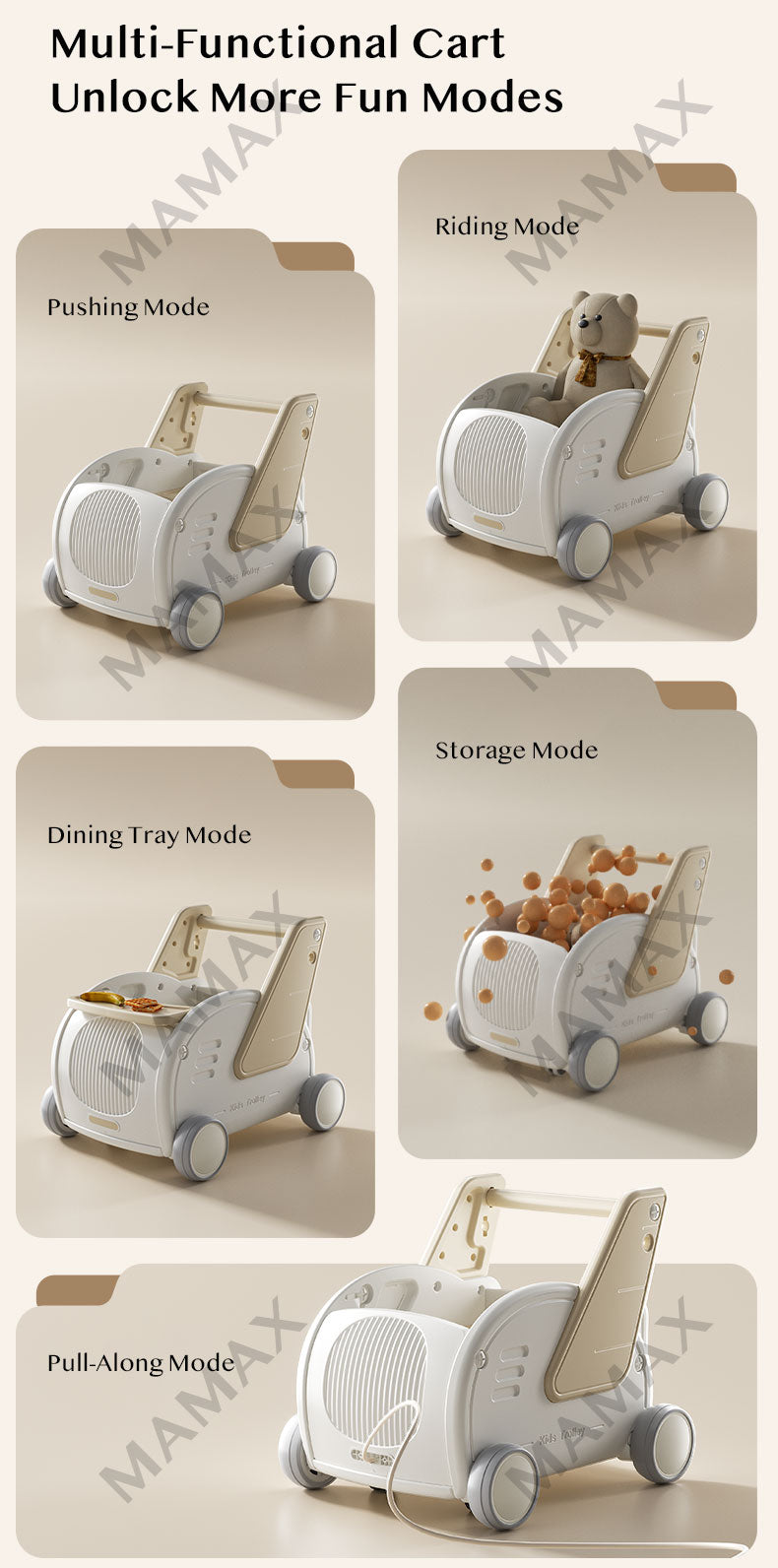 5-in-1 Multi-Purpose Baby Storage Walker/Push Cart With Pulling Rope&Adjustable Handle Bar