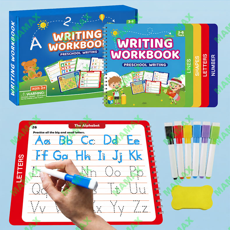 MAMAX【SG Ready Stock】Preschool Writing Workbook Combo Set for Kids 3-6★Reusable Dry Erase Tracing Book✅Lines Shapes Letters Numbers✅6 Color Pens Educational Learning Set✅