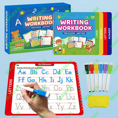MAMAX【SG Ready Stock】Preschool Writing Workbook Combo Set for Kids 3-6★Reusable Dry Erase Tracing Book✅Lines Shapes Letters Numbers✅6 Color Pens Educational Learning Set✅