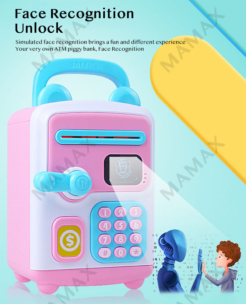Kids Stimulated Face Recognition Smart Piggy Bank ATM With Password&Auto Cash Deposit★Lights➕Music