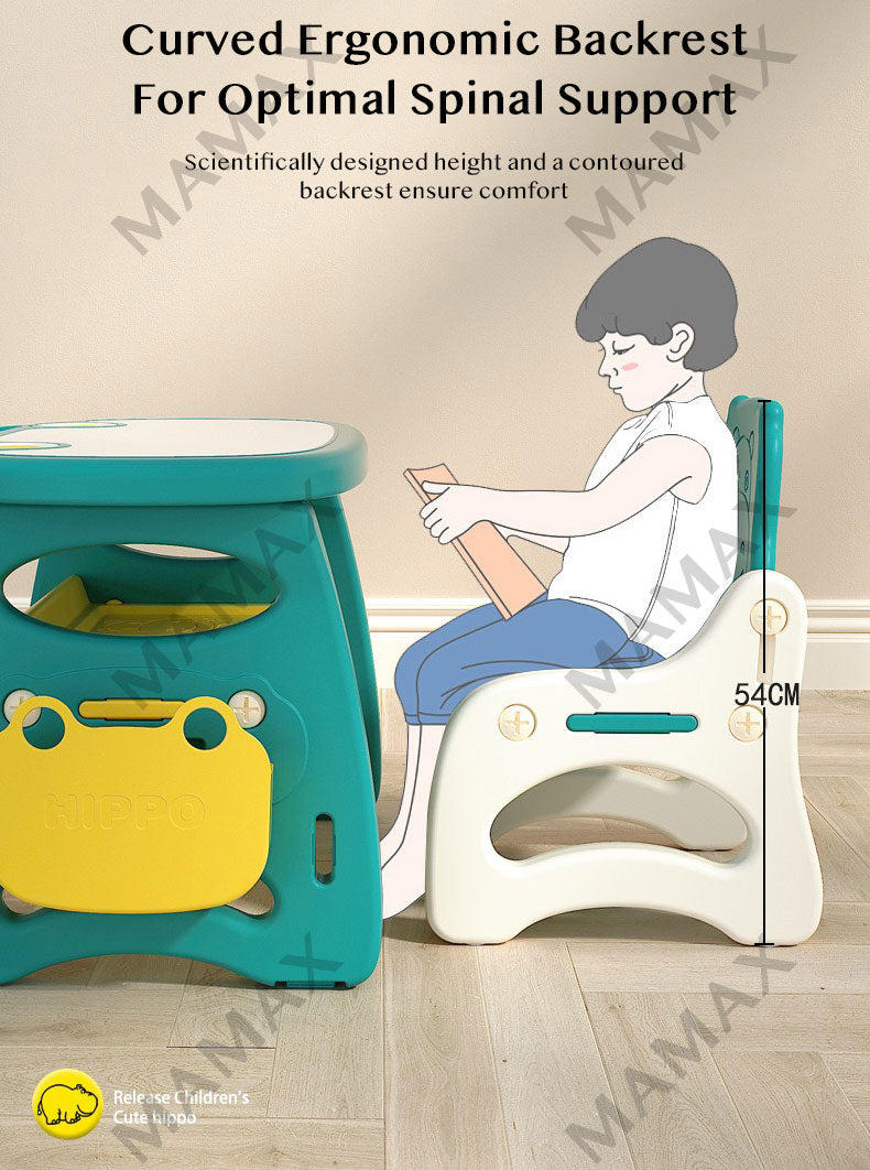 Kids Cute Hippo Multifunctional Adjustable Study Table + Chair Set With FREE Marker& Eraser