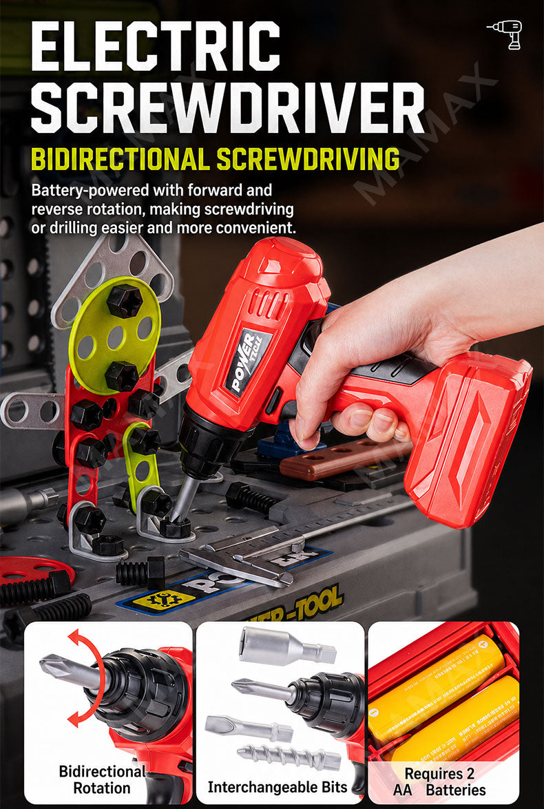2-in-1 Power-Tool Toolbox & Workbench for Kids Ages 3+ With Electric Screwdriver