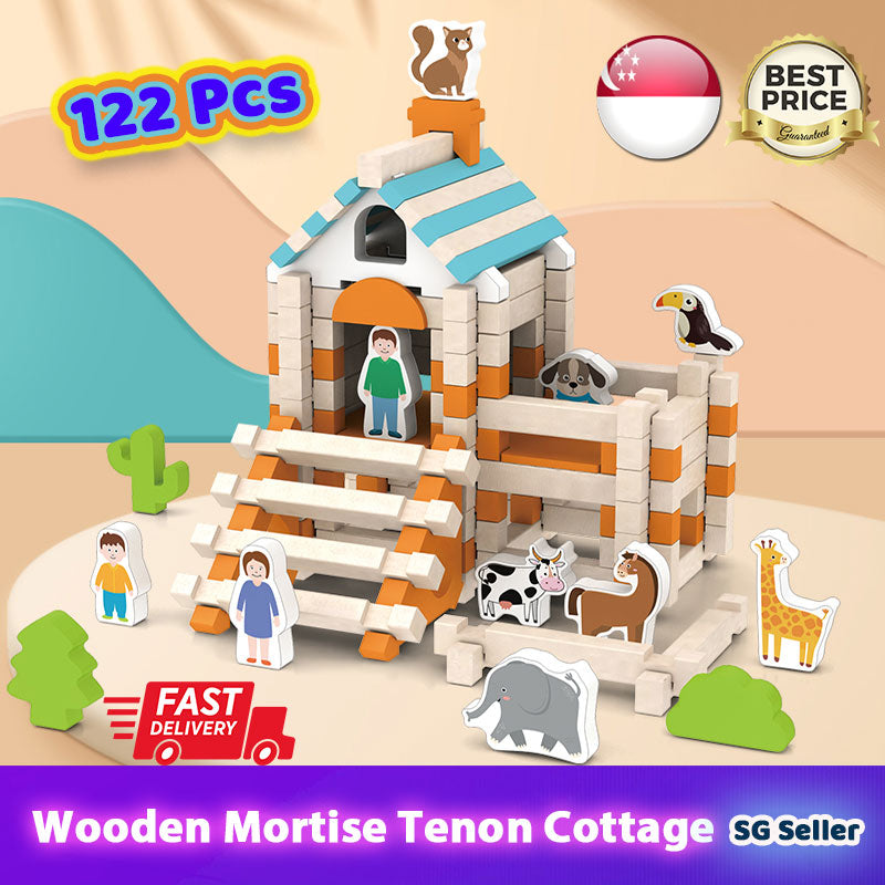 120Pcs Wooden Building Blocks Mortise Tenon Cottage Montessori Stacking Toy Set