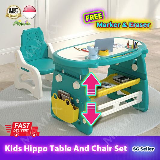 Kids Cute Hippo Multifunctional Adjustable Study Table + Chair Set With FREE Marker& Eraser