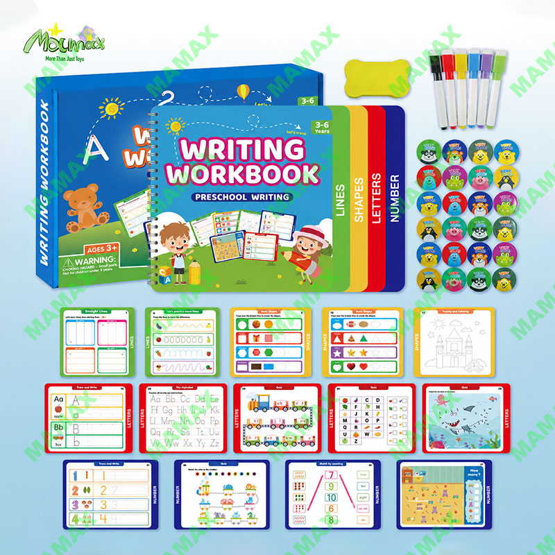 MAMAX【SG Ready Stock】Preschool Writing Workbook Combo Set for Kids 3-6★Reusable Dry Erase Tracing Book✅Lines Shapes Letters Numbers✅6 Color Pens Educational Learning Set✅