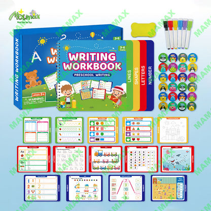 MAMAX【SG Ready Stock】Preschool Writing Workbook Combo Set for Kids 3-6★Reusable Dry Erase Tracing Book✅Lines Shapes Letters Numbers✅6 Color Pens Educational Learning Set✅