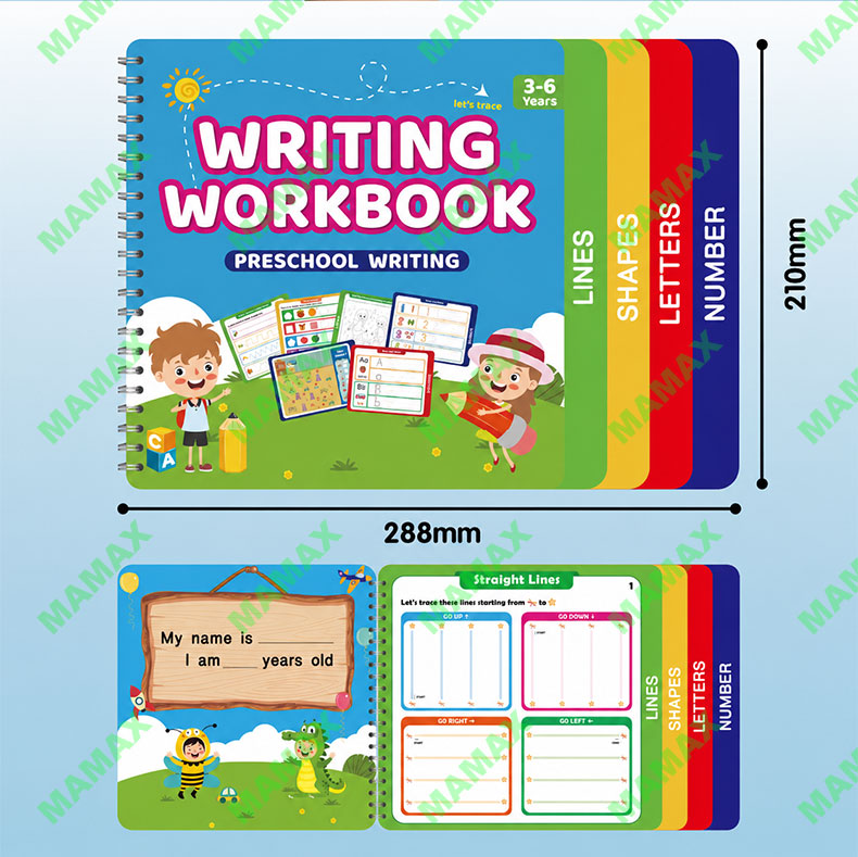MAMAX【SG Ready Stock】Preschool Writing Workbook Combo Set for Kids 3-6★Reusable Dry Erase Tracing Book✅Lines Shapes Letters Numbers✅6 Color Pens Educational Learning Set✅