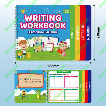 MAMAX【SG Ready Stock】Preschool Writing Workbook Combo Set for Kids 3-6★Reusable Dry Erase Tracing Book✅Lines Shapes Letters Numbers✅6 Color Pens Educational Learning Set✅