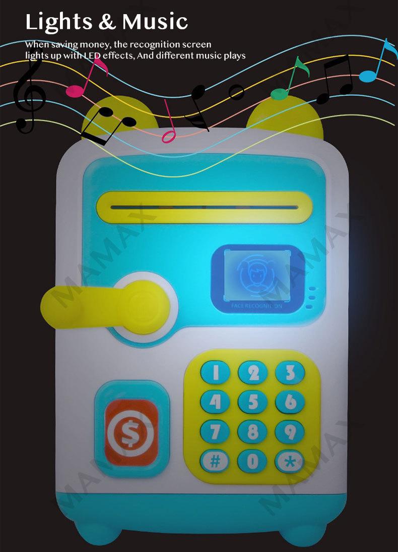 Kids Stimulated Face Recognition Smart Piggy Bank ATM With Password&Auto Cash Deposit★Lights➕Music