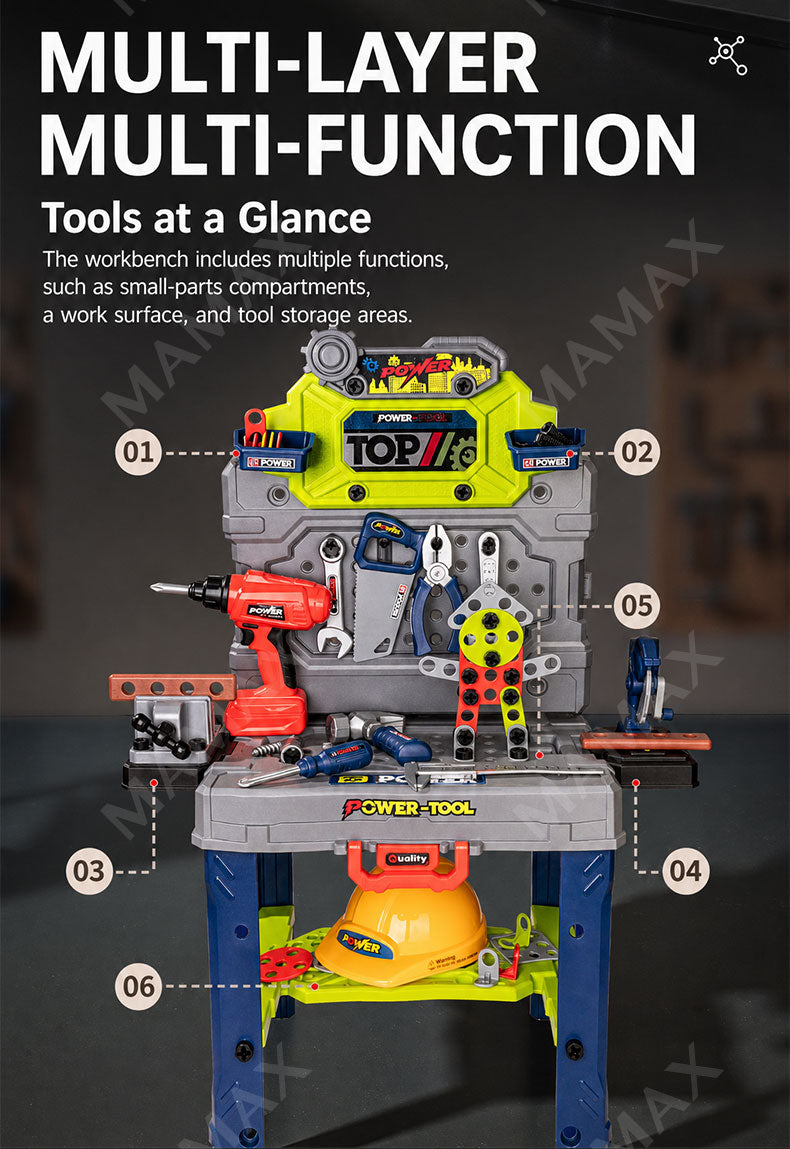 2-in-1 Power-Tool Toolbox & Workbench for Kids Ages 3+ With Electric Screwdriver