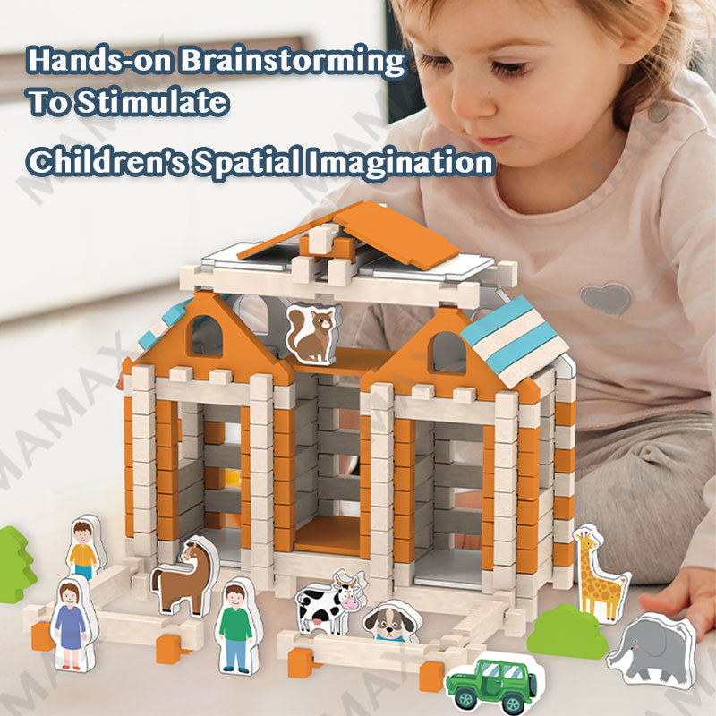 120Pcs Wooden Building Blocks Mortise Tenon Cottage Montessori Stacking Toy Set