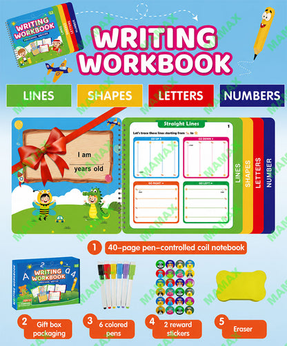 MAMAX【SG Ready Stock】Preschool Writing Workbook Combo Set for Kids 3-6★Reusable Dry Erase Tracing Book✅Lines Shapes Letters Numbers✅6 Color Pens Educational Learning Set✅